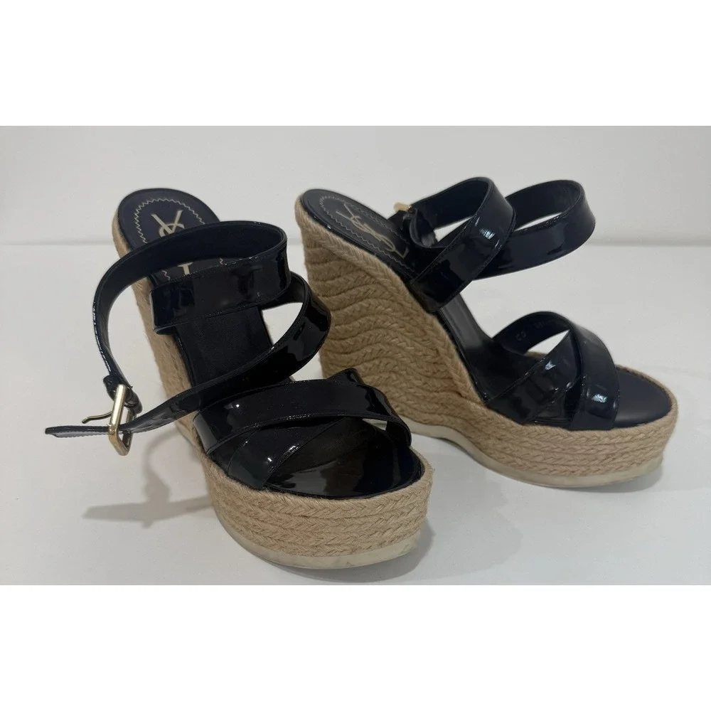 Yves Saint Laurent Espadrille Wedge Sandals Shoes Dark Blue Leather Size 37.5‎